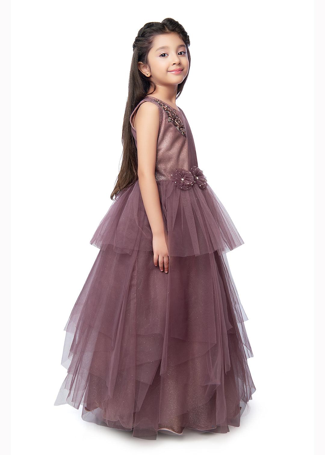 Wine Coloured Imported Net Stylist Maxi Dress Gown For Girls - Betty Ethnic India - Gown - Betty Girls Wear Online