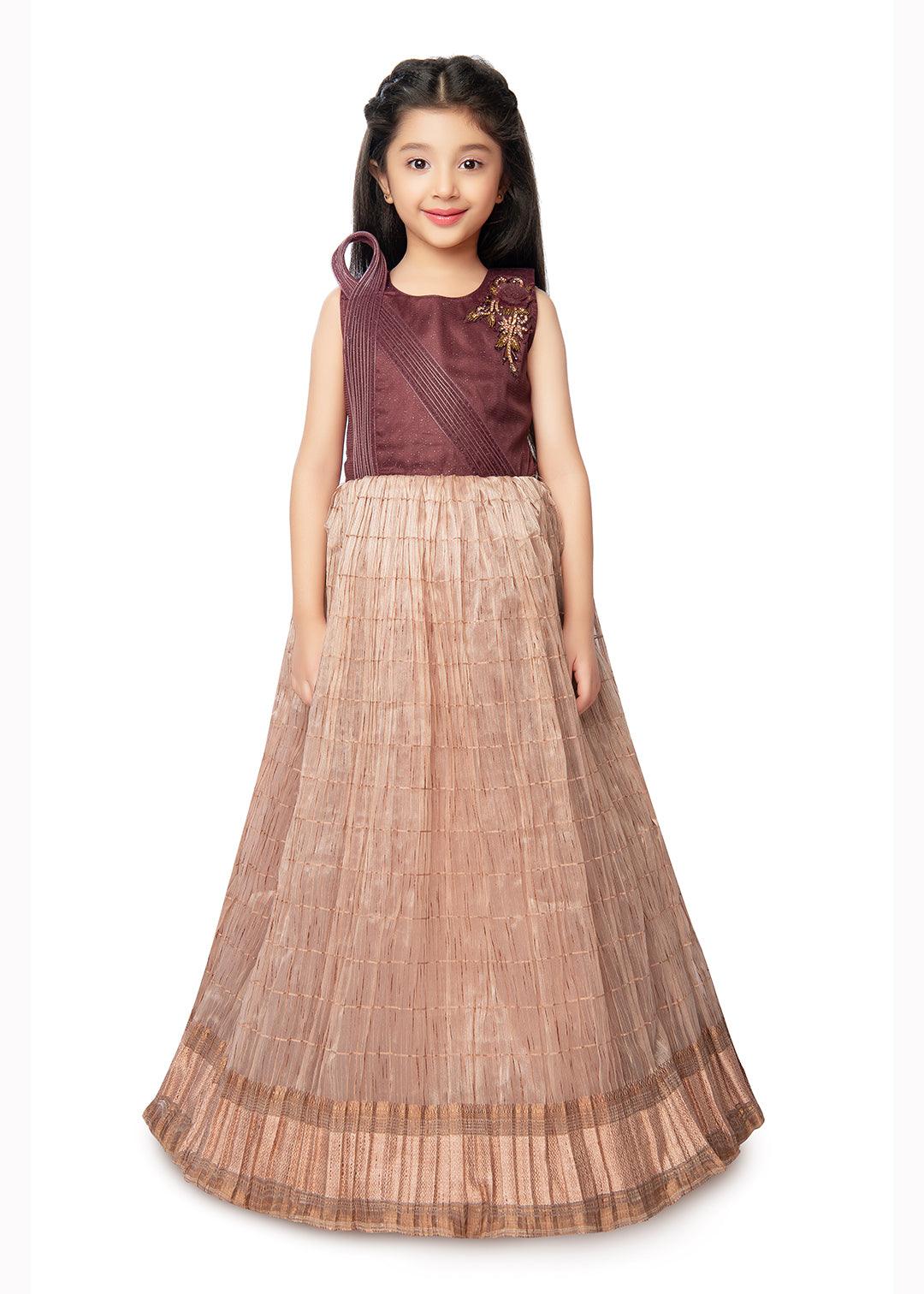 Fawn Coloured Trendy Wire Styled Pattern Maxi Dress Gown For Girls - Betty Ethnic India - Gown - Betty Girls Wear Online