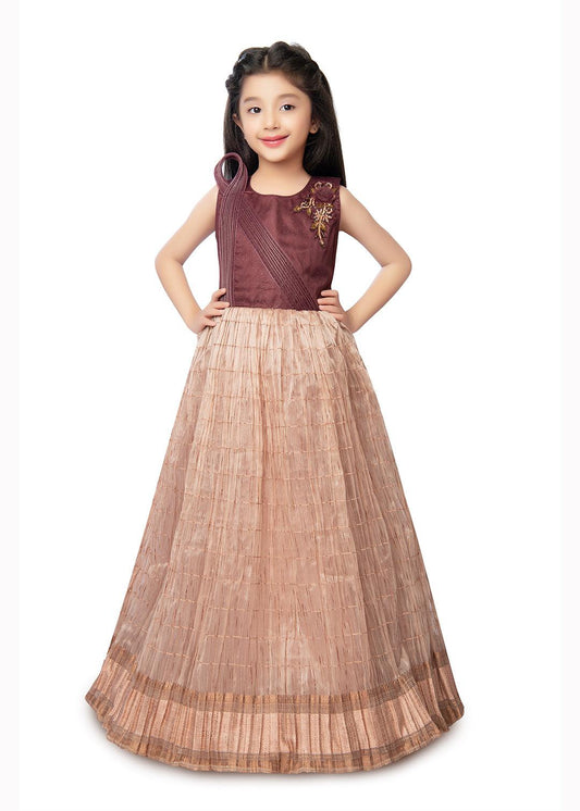 Fawn Coloured Trendy Wire Styled Pattern Maxi Dress Gown For Girls - Betty Ethnic India - Gown - Betty Girls Wear Online