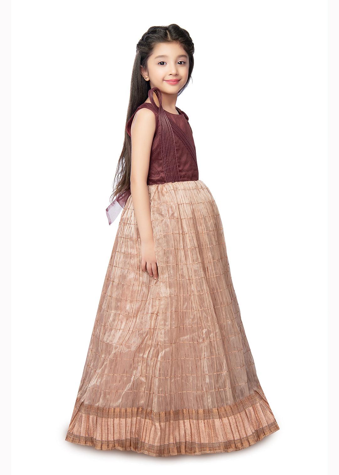 Fawn Coloured Trendy Wire Styled Pattern Maxi Dress Gown For Girls - Betty Ethnic India - Gown - Betty Girls Wear Online