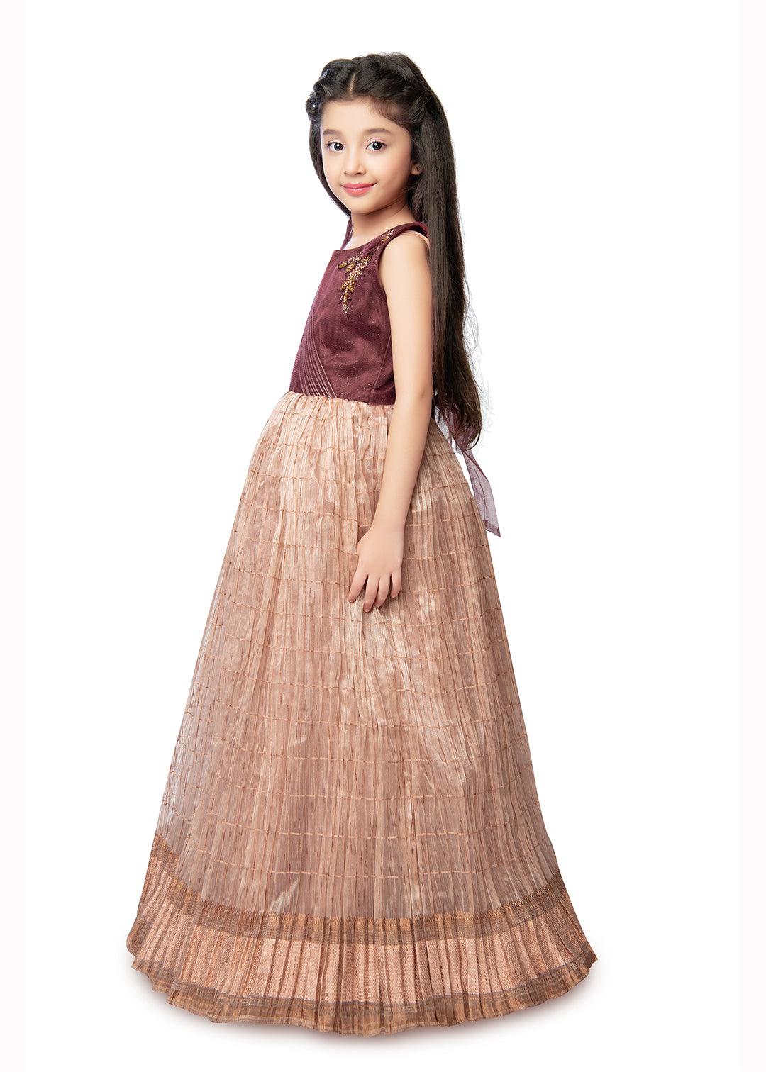 Fawn Coloured Trendy Wire Styled Pattern Maxi Dress Gown For Girls - Betty Ethnic India - Gown - Betty Girls Wear Online