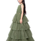 Mehendi Coloured Layered Imported Net Maxi Dress Gown For Girls - Betty Ethnic India - Gown - Betty Girls Wear Online