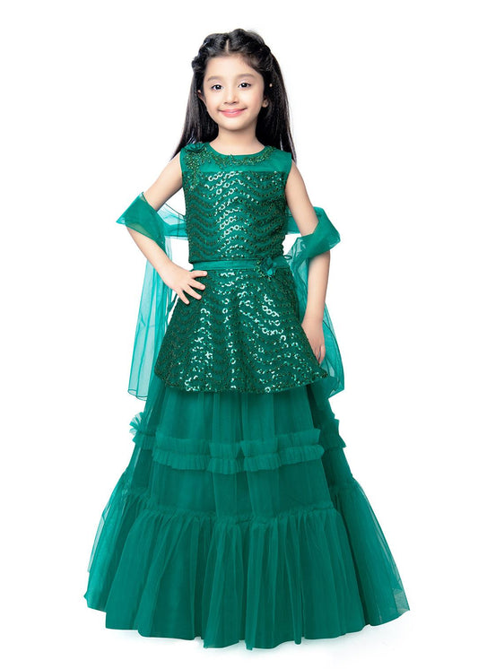 Rama Green Coloured Embellished Sequinned Ready to Wear Lehenga & Blouse With Dupatta For Girls - Betty Ethnic India - Saris & Lehengas - Betty Girls Wear Online