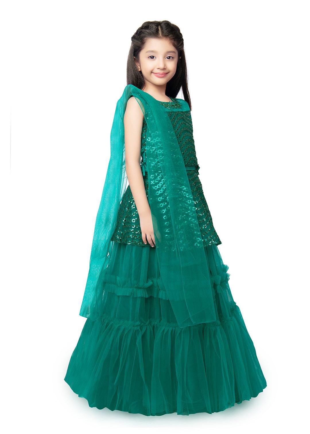 Rama Green Coloured Embellished Sequinned Ready to Wear Lehenga & Blouse With Dupatta For Girls - Betty Ethnic India - Saris & Lehengas - Betty Girls Wear Online
