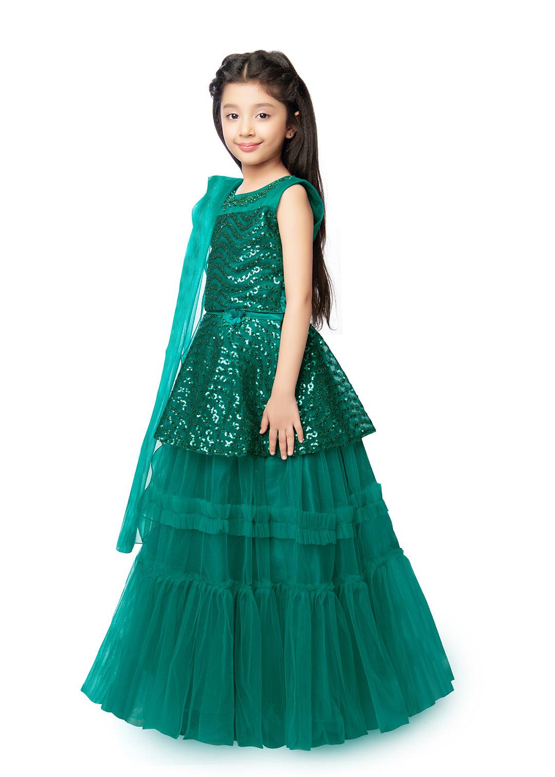 Rama Green Coloured Embellished Sequinned Ready to Wear Lehenga & Blouse With Dupatta For Girls - Betty Ethnic India - Saris & Lehengas - Betty Girls Wear Online
