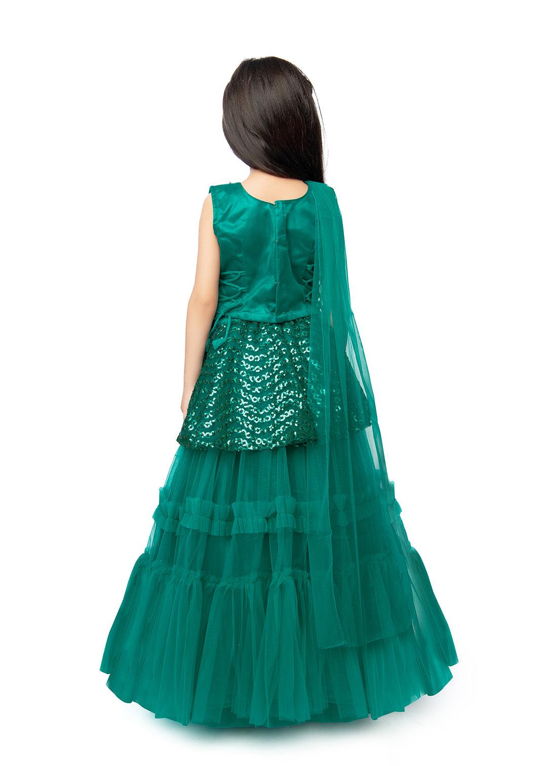 Rama Green Coloured Embellished Sequinned Ready to Wear Lehenga & Blouse With Dupatta For Girls - Betty Ethnic India - Saris & Lehengas - Betty Girls Wear Online
