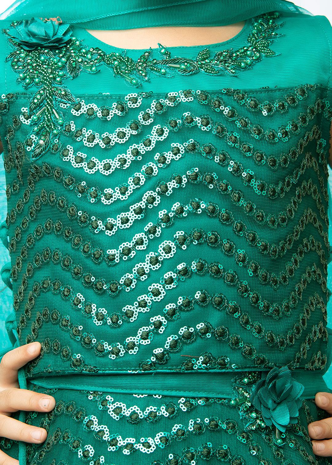 Rama Green Coloured Embellished Sequinned Ready to Wear Lehenga & Blouse With Dupatta For Girls - Betty Ethnic India - Saris & Lehengas - Betty Girls Wear Online