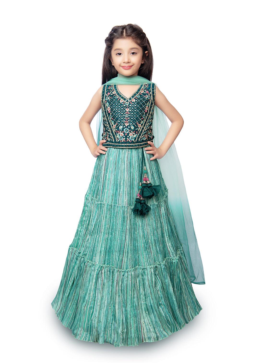 Rama Green Coloured Ready-To-Wear Lehenga Choli With Mirror Work For Girls - Betty Ethnic India - Saree & Lehenga - Betty Girls Wear Online