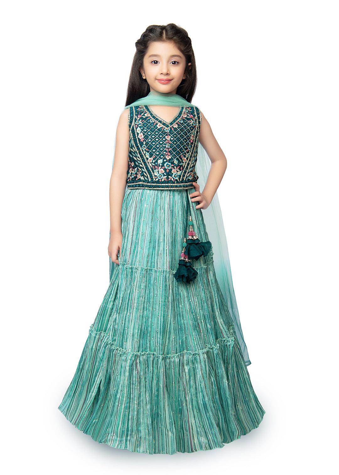 Rama Green Coloured Ready-To-Wear Lehenga Choli With Mirror Work For Girls - Betty Ethnic India - Saree & Lehenga - Betty Girls Wear Online