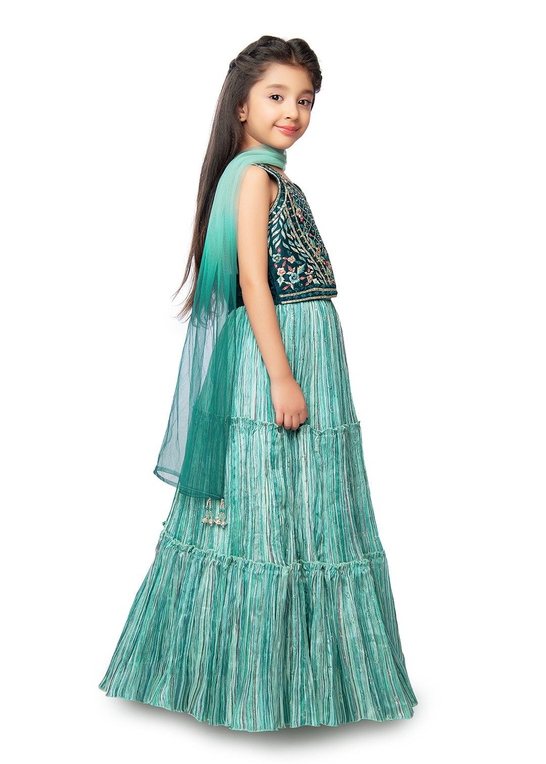 Rama Green Coloured Ready-To-Wear Lehenga Choli With Mirror Work For Girls - Betty Ethnic India - Saree & Lehenga - Betty Girls Wear Online