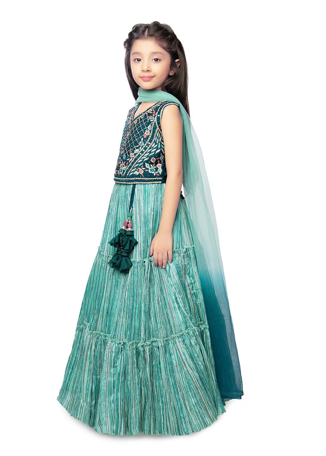 Rama Green Coloured Ready-To-Wear Lehenga Choli With Mirror Work For Girls - Betty Ethnic India - Saree & Lehenga - Betty Girls Wear Online