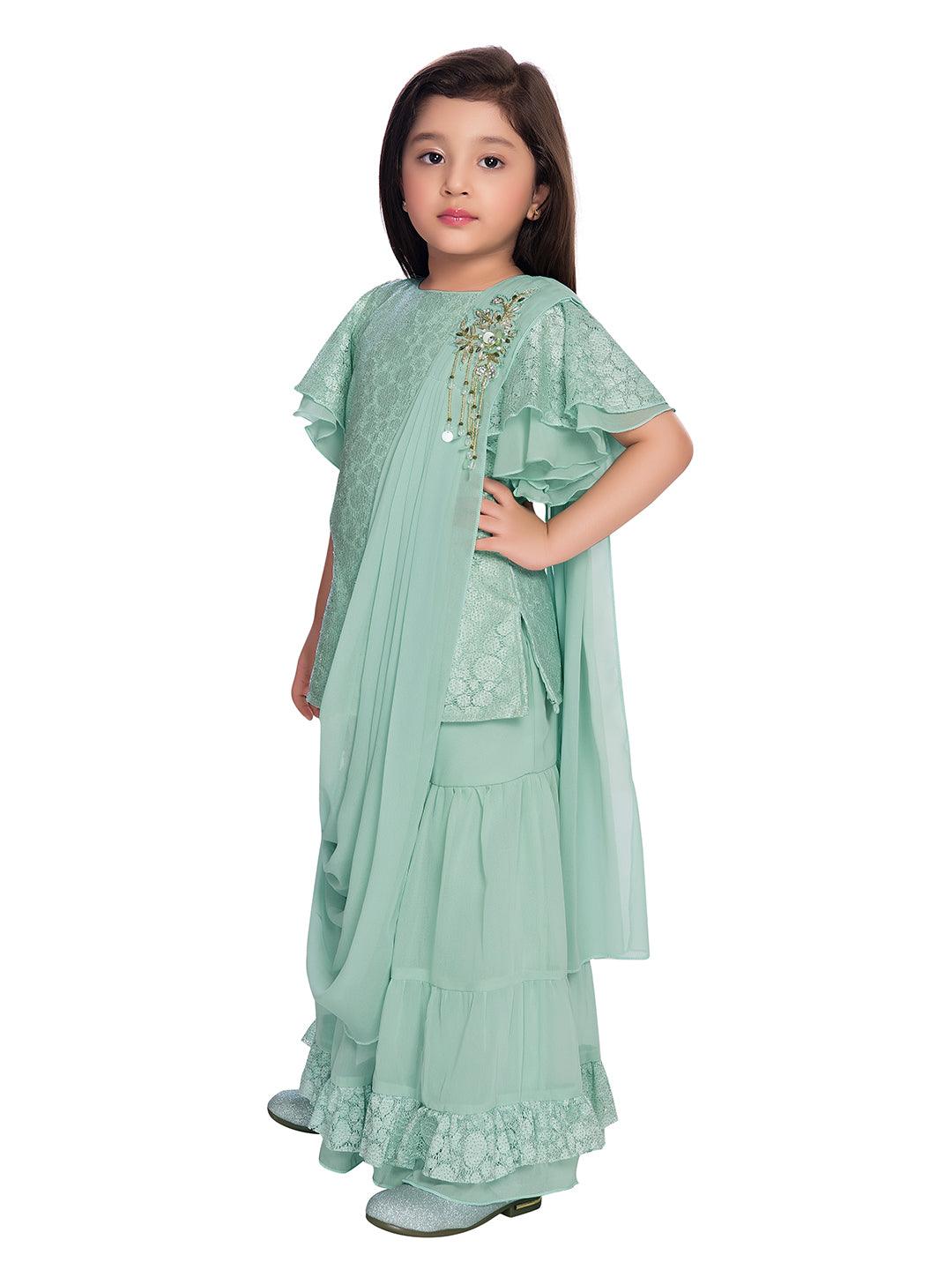 Girls Pista Embellished Top with Gharara / Sharara clothing set Set - Betty Ethnic India - Gharara / Sharara Set - Betty Girls Wear Online