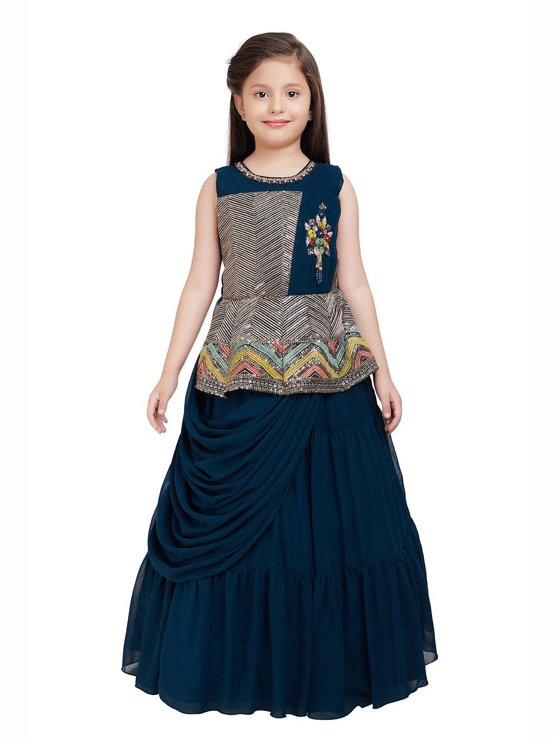 Peacock Blue Coloured Saree Styled Attached Dupatta Gown For Girls - Betty Ethnic India - Gown - Betty Girls Wear Online