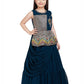 Peacock Blue Coloured Saree Styled Attached Dupatta Gown For Girls - Betty Ethnic India - Gown - Betty Girls Wear Online