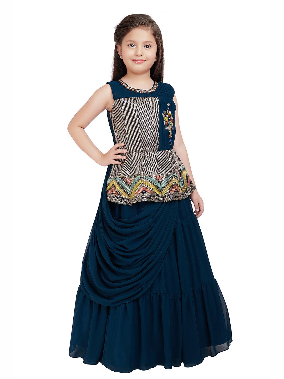 Peacock Blue Coloured Saree Styled Attached Dupatta Gown For Girls - Betty Ethnic India - Gown - Betty Girls Wear Online