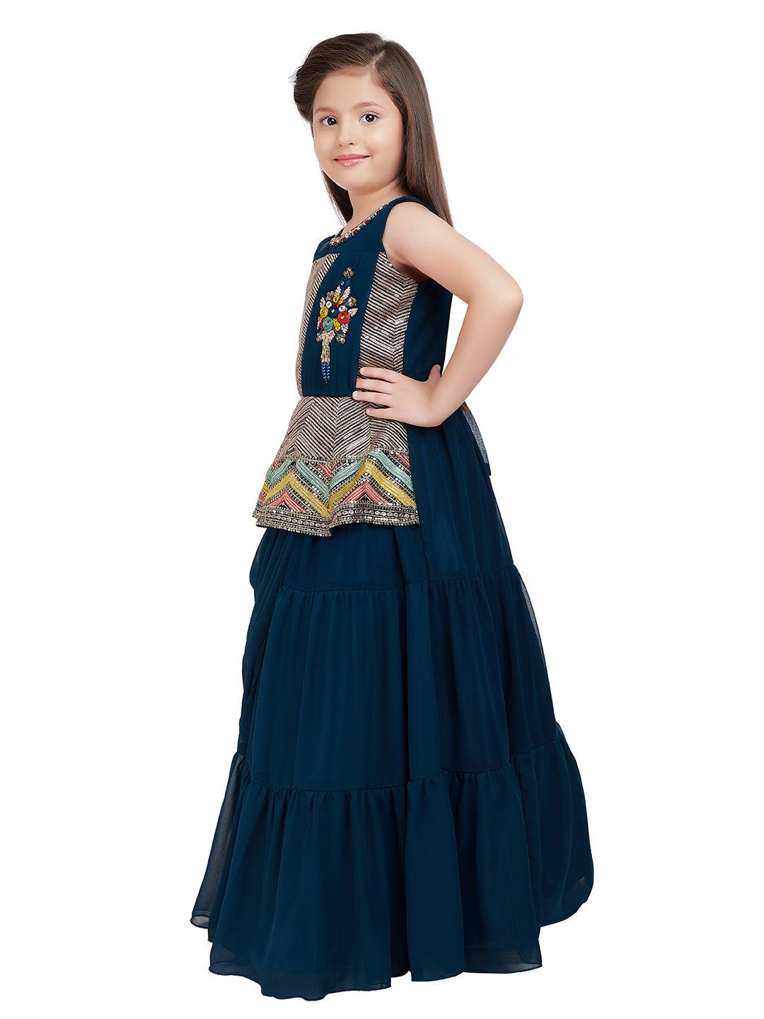 Peacock Blue Coloured Saree Styled Attached Dupatta Gown For Girls - Betty Ethnic India - Gown - Betty Girls Wear Online