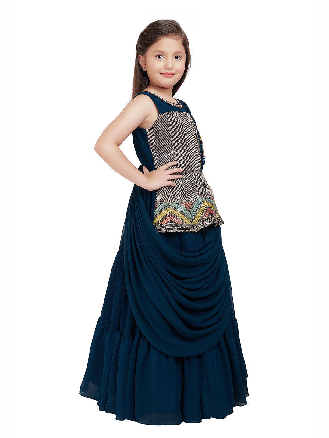 Peacock Blue Coloured Saree Styled Attached Dupatta Gown For Girls - Betty Ethnic India - Gown - Betty Girls Wear Online