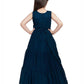 Peacock Blue Coloured Saree Styled Attached Dupatta Gown For Girls - Betty Ethnic India - Gown - Betty Girls Wear Online