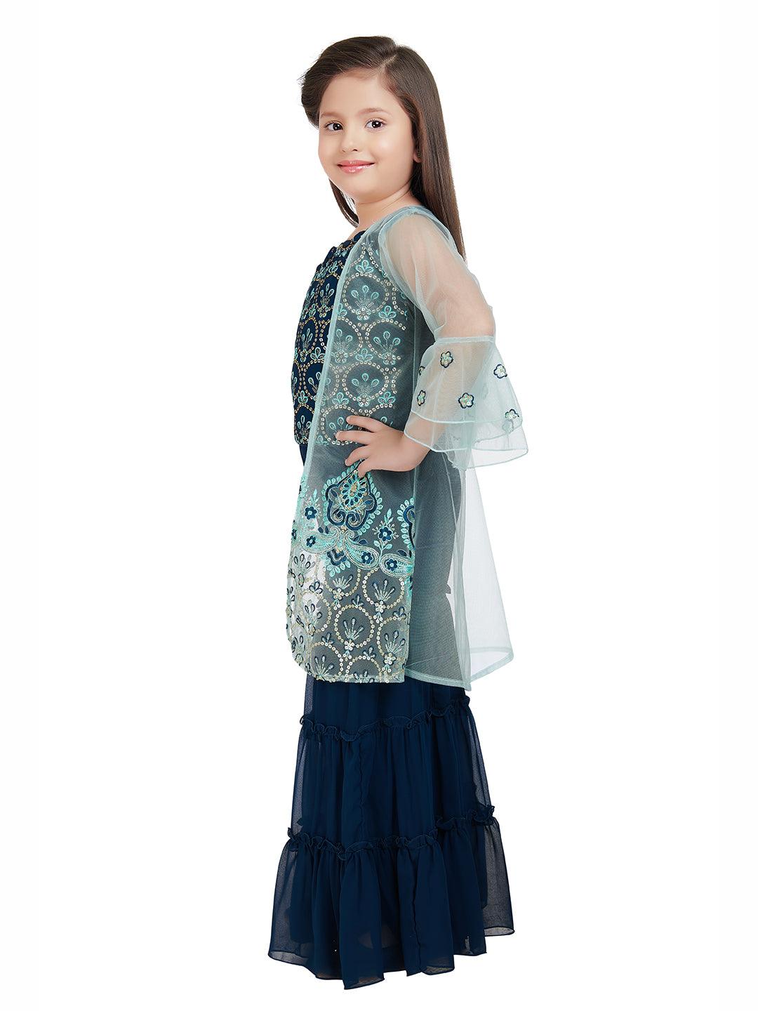 Peacock Blue Coloured Gharara / Sharara Set With Jacket For Girls - Betty Ethnic India - Gharara / Sharara Set - Betty Girls Wear Online