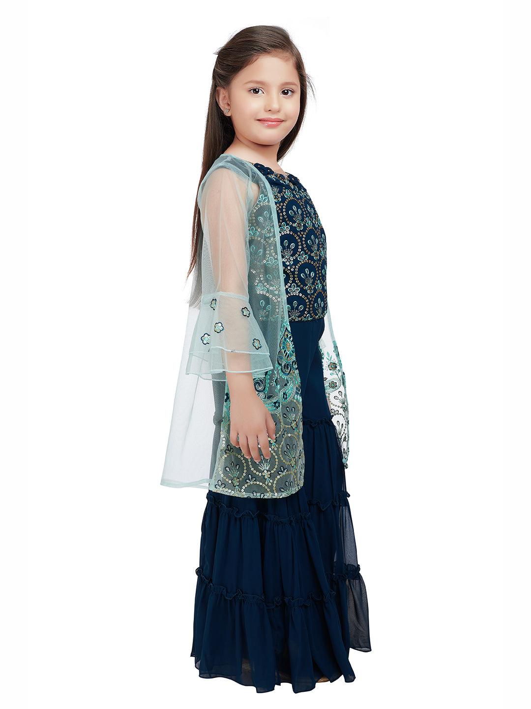 Peacock Blue Coloured Gharara / Sharara Set With Jacket For Girls - Betty Ethnic India - Gharara / Sharara Set - Betty Girls Wear Online