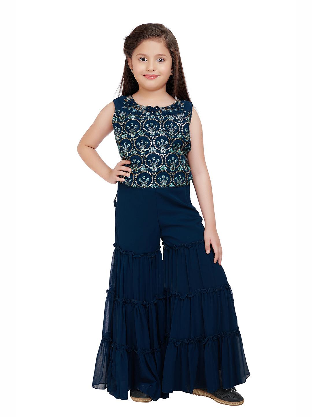 Peacock Blue Coloured Gharara / Sharara Set With Jacket For Girls - Betty Ethnic India - Gharara / Sharara Set - Betty Girls Wear Online