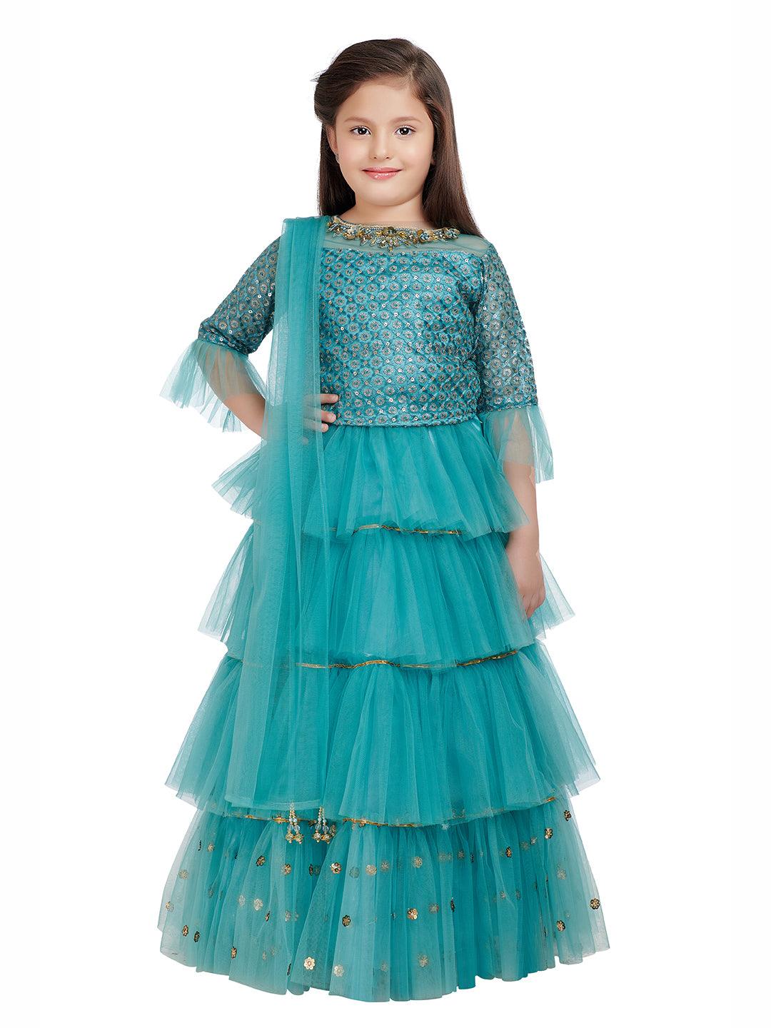 Bettle Coloured Embroidered Ready to Wear Lehenga Choli For Girls - Betty Ethnic India - Saris & Lehengas - Betty Girls Wear Online