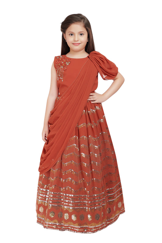 Rust Embellished Georgette With Saree Style Dupatta Attached Gown For Girls - Betty Ethnic India - Gown - Betty Girls Wear Online