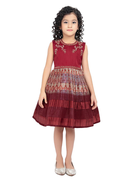 Maroon & Beige Ethnic Motifs Printed Knee Length Frock For Girls - Betty Ethnic India - Frock - Betty Girls Wear Online