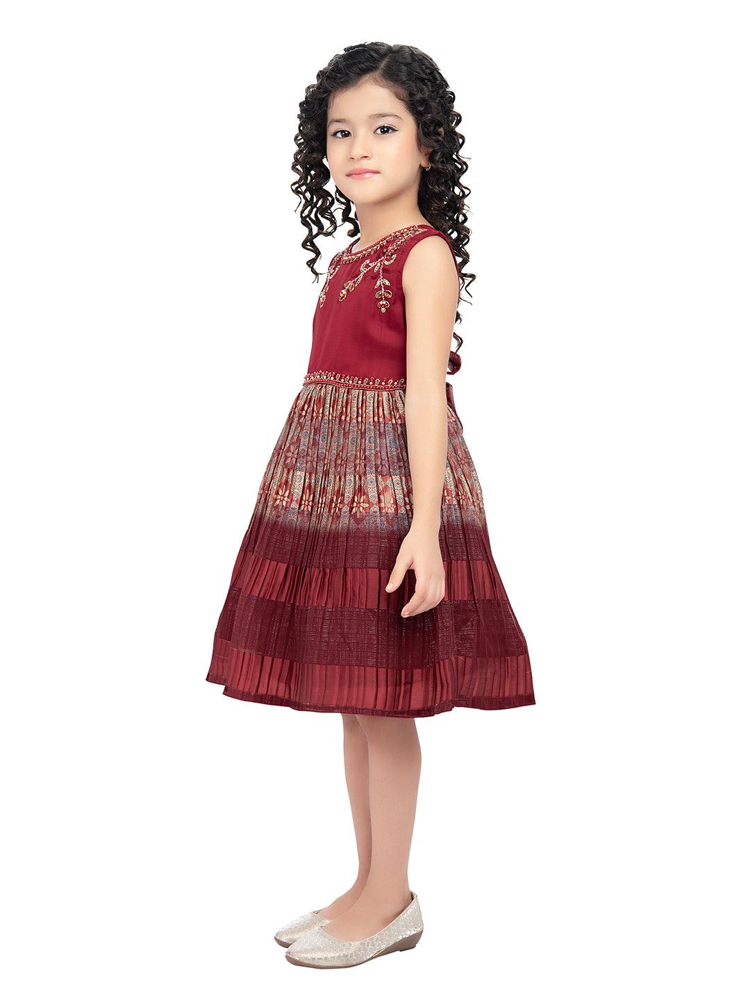 Maroon & Beige Ethnic Motifs Printed Knee Length Frock For Girls - Betty Ethnic India - Frock - Betty Girls Wear Online