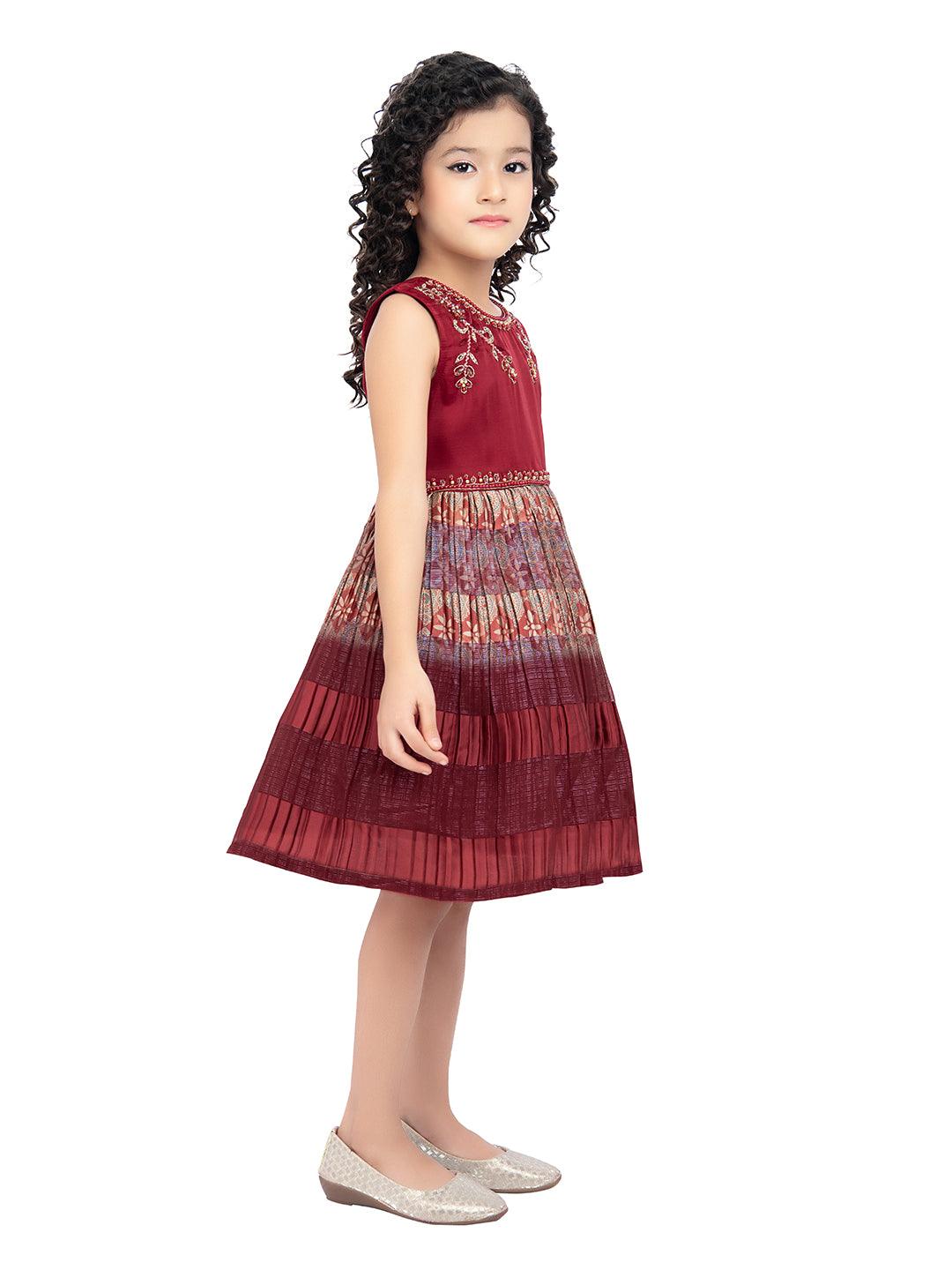 Maroon & Beige Ethnic Motifs Printed Knee Length Frock For Girls - Betty Ethnic India - Frock - Betty Girls Wear Online