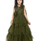 Olive Green Coloured Net Feather Cut Style Gown For Girls - Betty Ethnic India - Gown - Betty Girls Wear Online