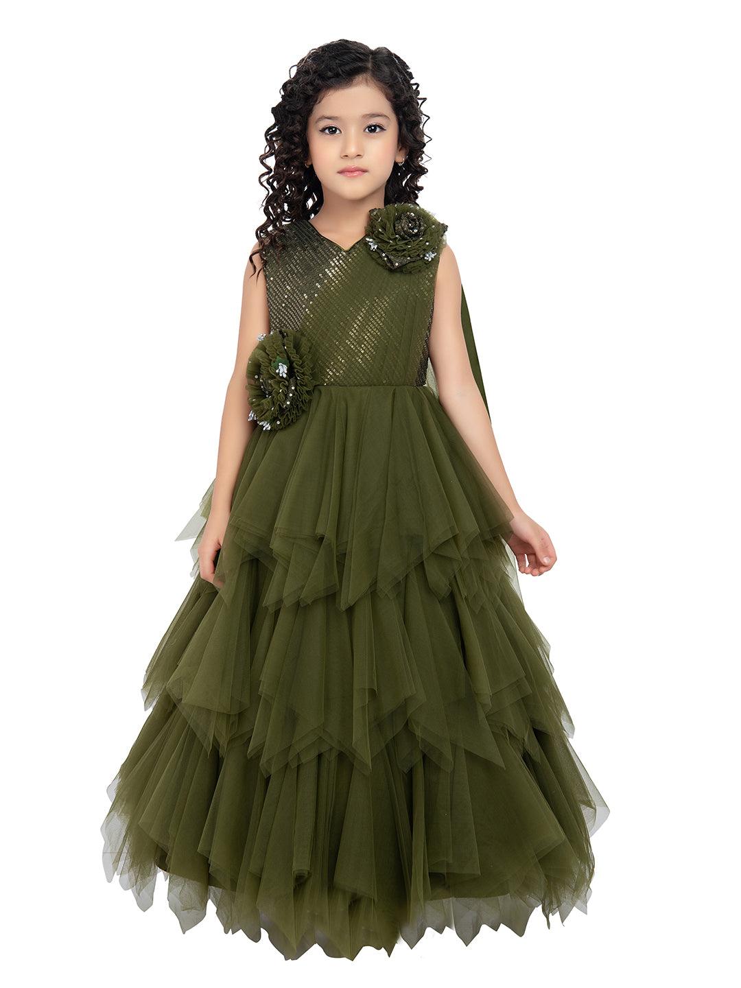 Olive Green Coloured Net Feather Cut Style Gown For Girls - Betty Ethnic India - Gown - Betty Girls Wear Online