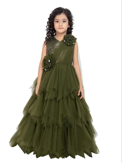 Olive Green Coloured Net Feather Cut Style Gown For Girls - Betty Ethnic India - Gown - Betty Girls Wear Online