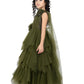 Olive Green Coloured Net Feather Cut Style Gown For Girls - Betty Ethnic India - Gown - Betty Girls Wear Online