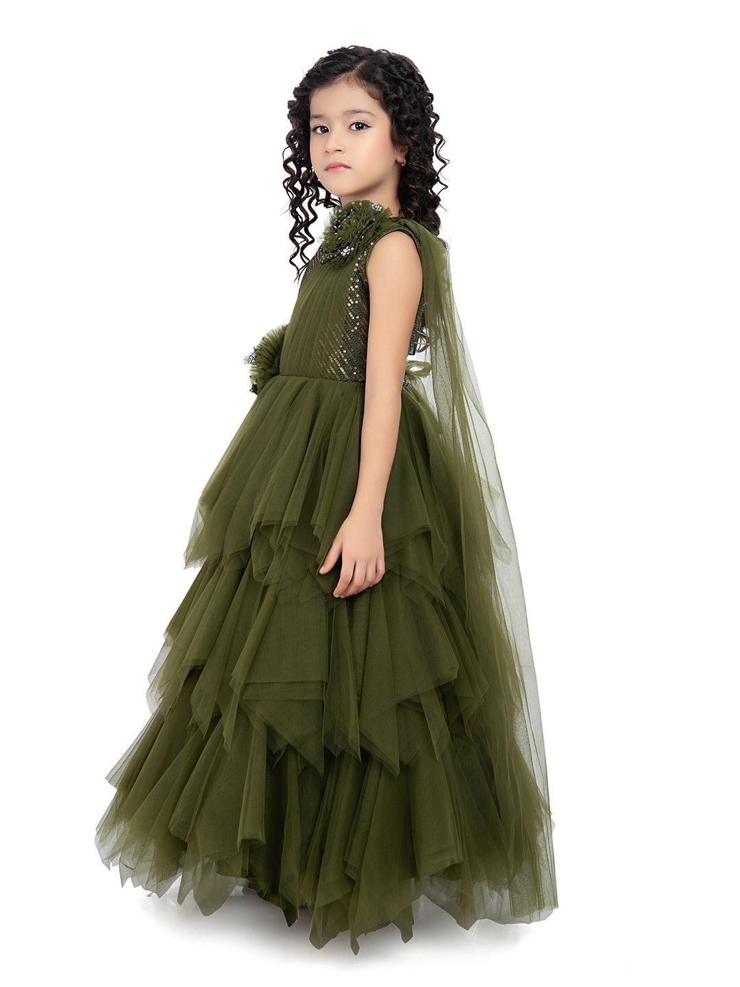 Olive Green Coloured Net Feather Cut Style Gown For Girls - Betty Ethnic India - Gown - Betty Girls Wear Online