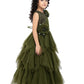 Olive Green Coloured Net Feather Cut Style Gown For Girls - Betty Ethnic India - Gown - Betty Girls Wear Online