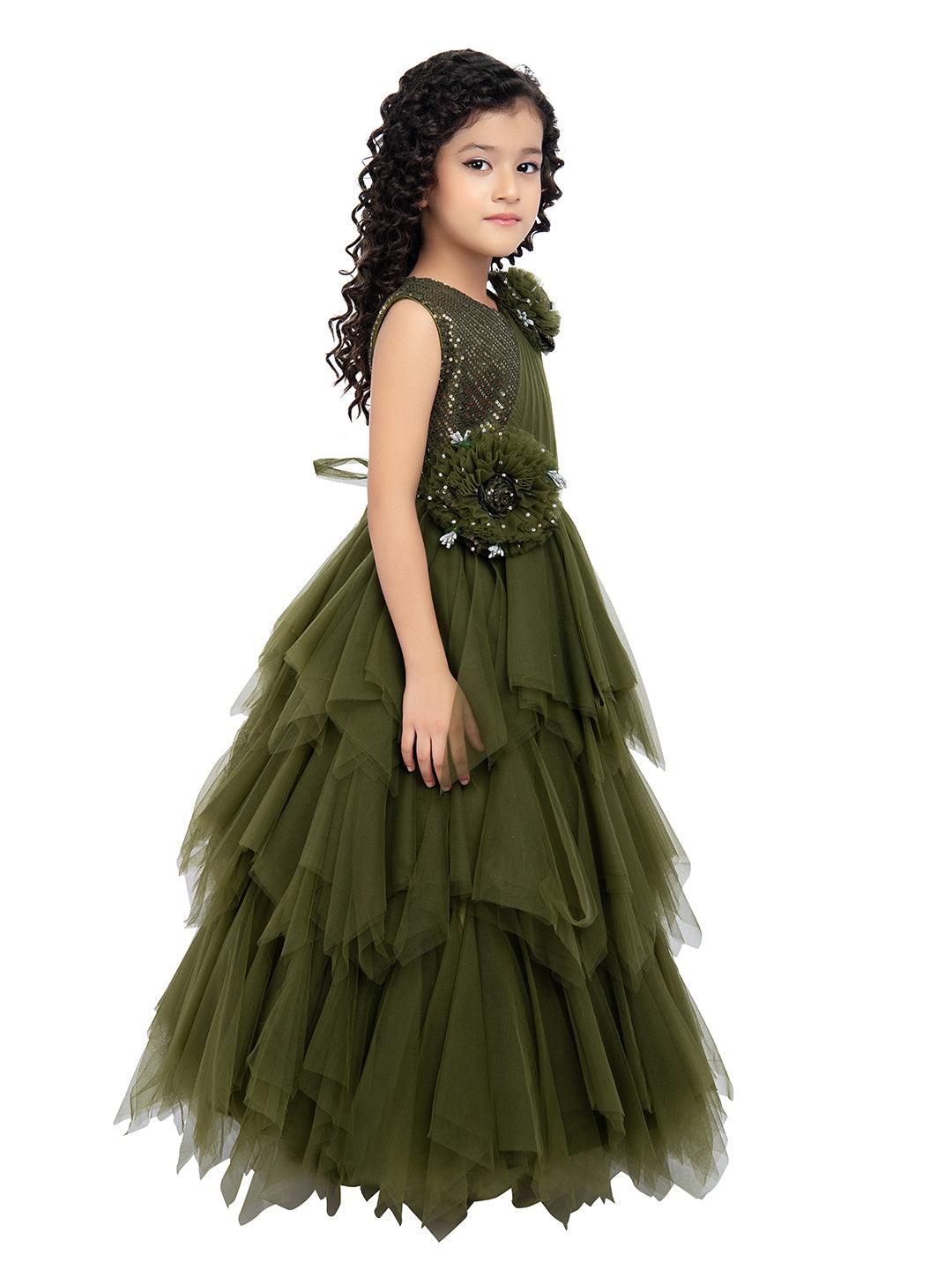 Olive Green Coloured Net Feather Cut Style Gown For Girls - Betty Ethnic India - Gown - Betty Girls Wear Online