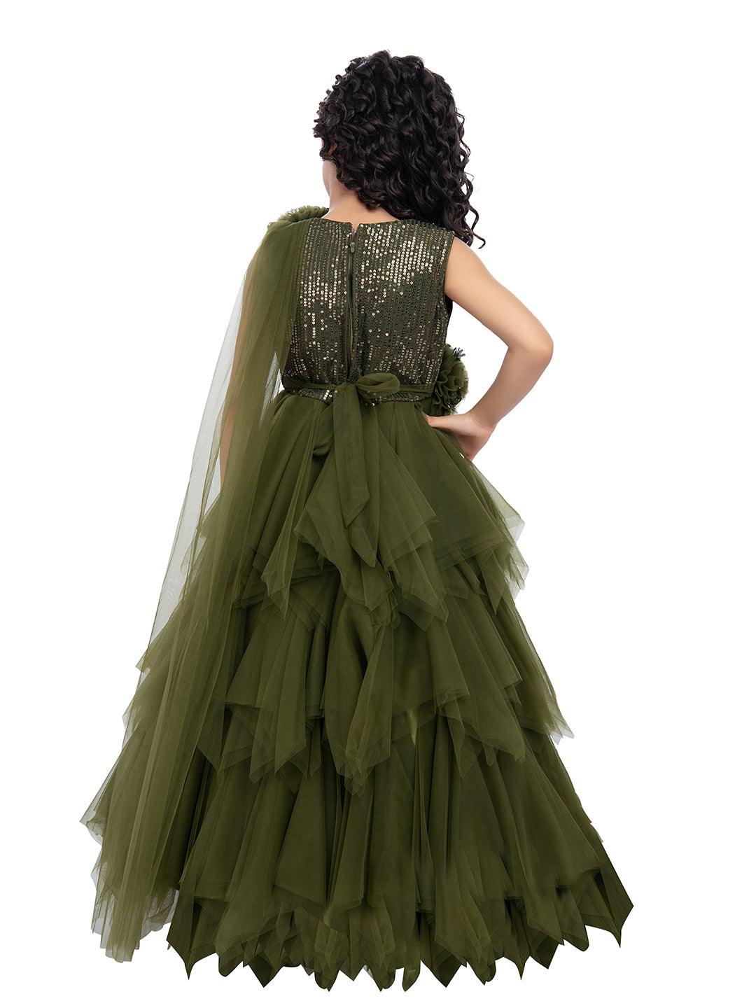 Olive Green Coloured Net Feather Cut Style Gown For Girls - Betty Ethnic India - Gown - Betty Girls Wear Online