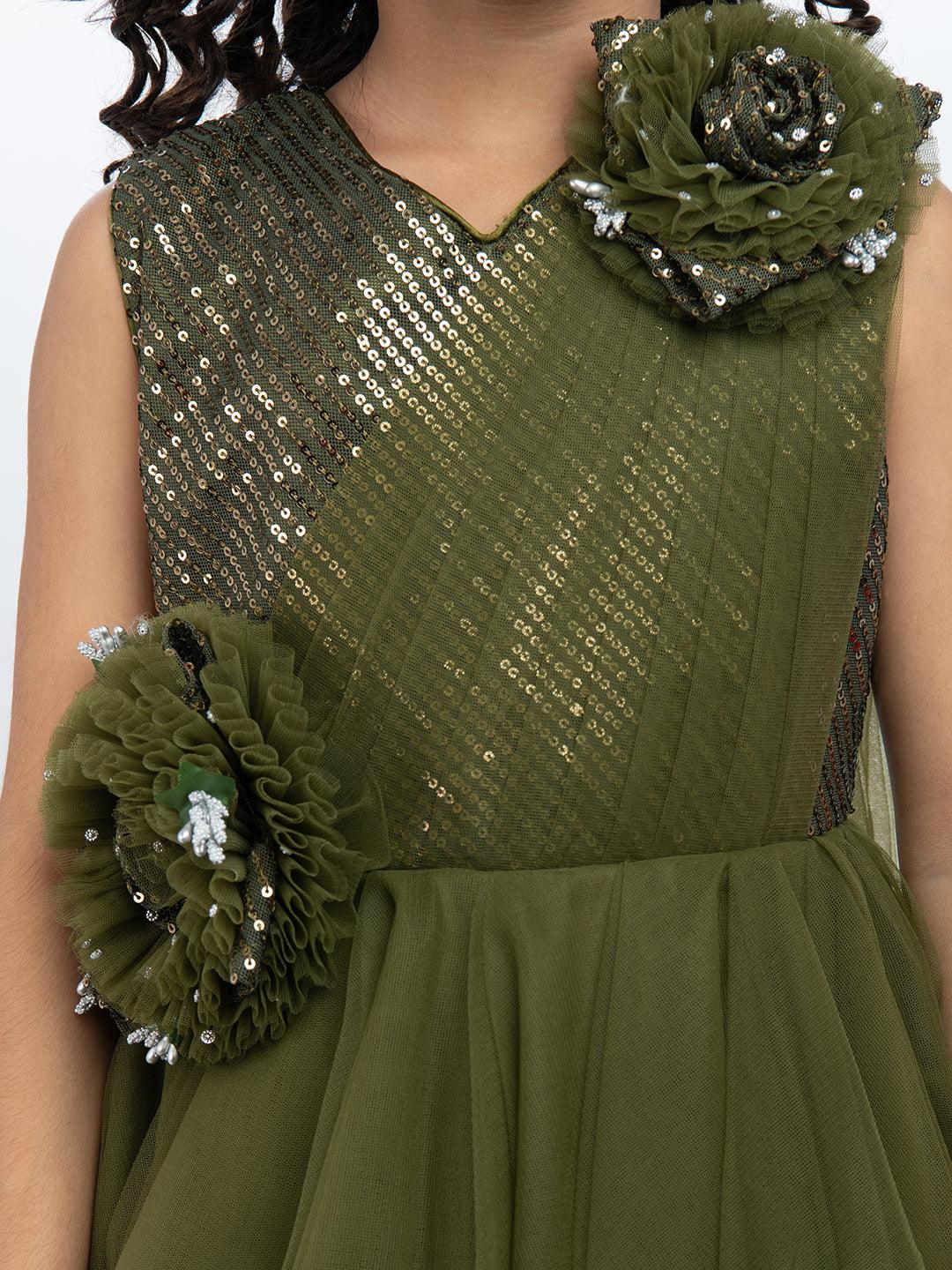 Olive Green Coloured Net Feather Cut Style Gown For Girls - Betty Ethnic India - Gown - Betty Girls Wear Online