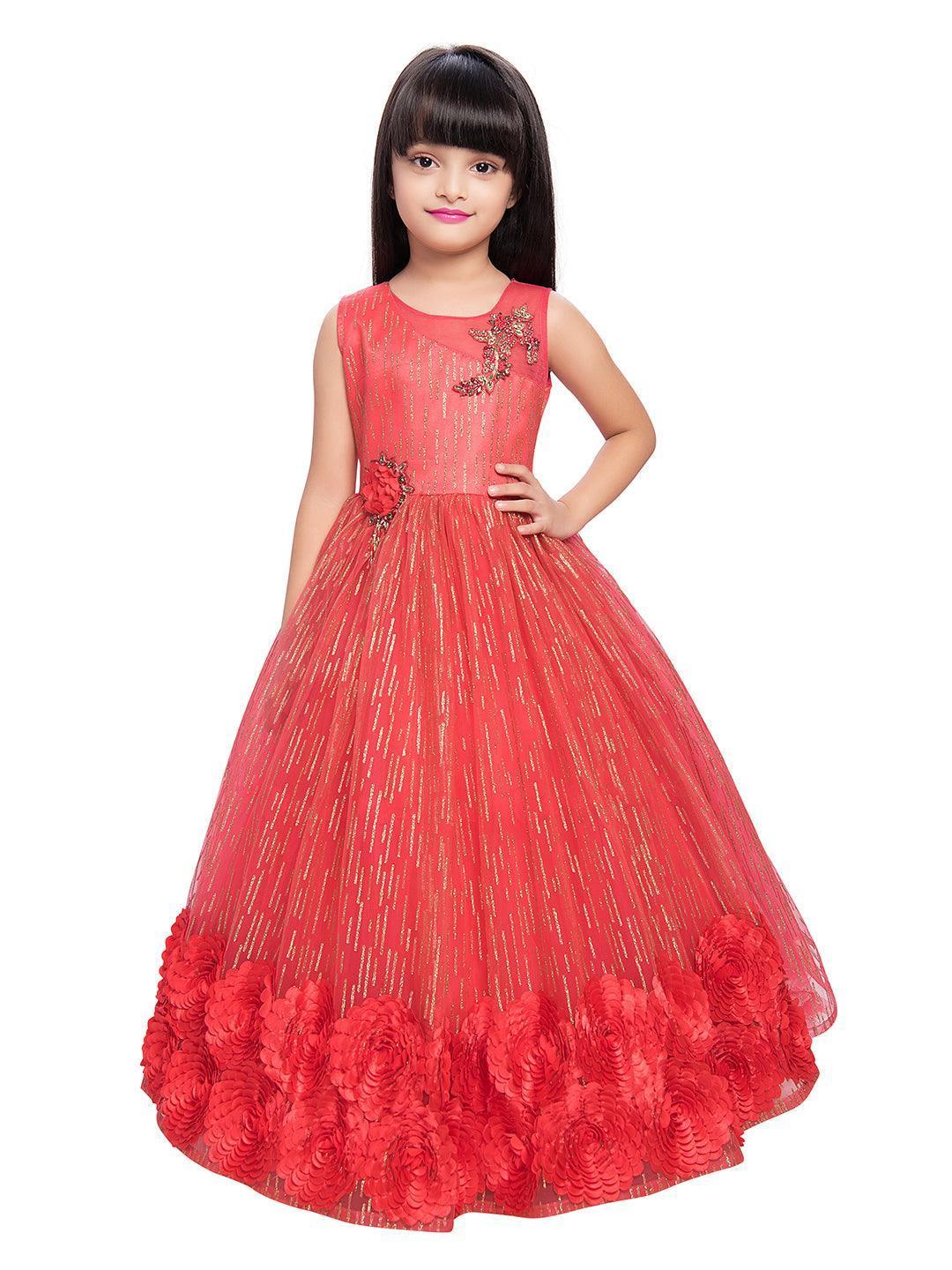 Tomato and Gold Toned Embellished Net Gown For Girls - Betty Ethnic India - Gown - Betty Girls Wear Online