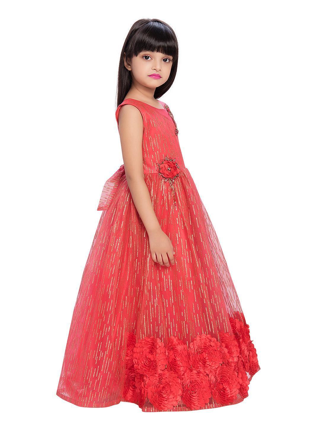 Tomato and Gold Toned Embellished Net Gown For Girls - Betty Ethnic India - Gown - Betty Girls Wear Online