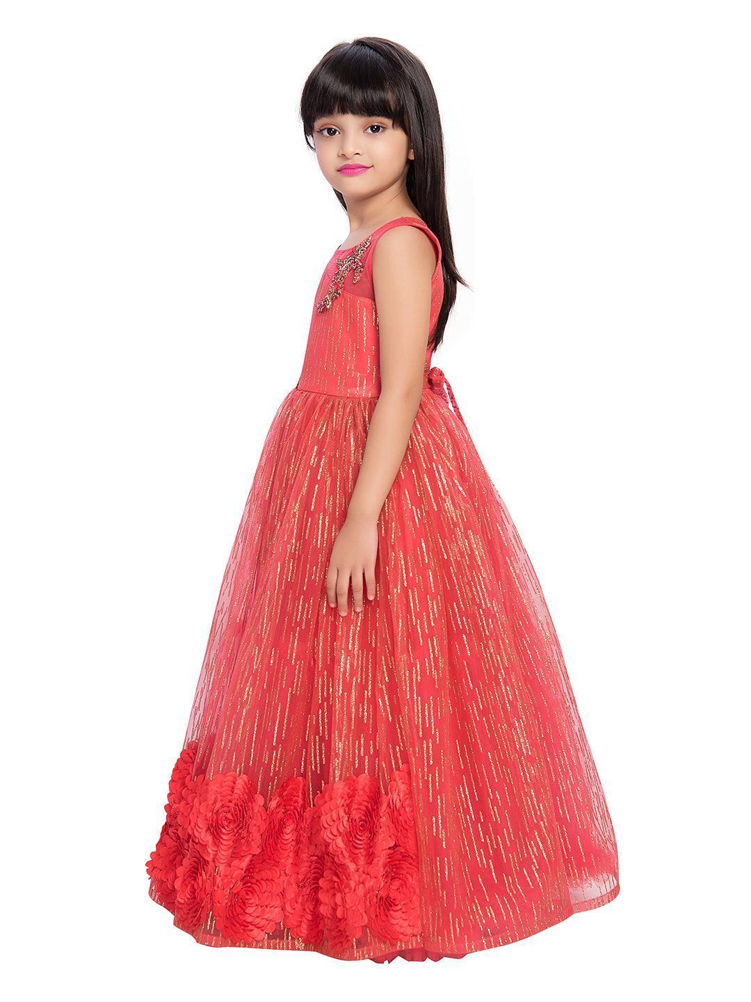 Tomato and Gold Toned Embellished Net Gown For Girls - Betty Ethnic India - Gown - Betty Girls Wear Online
