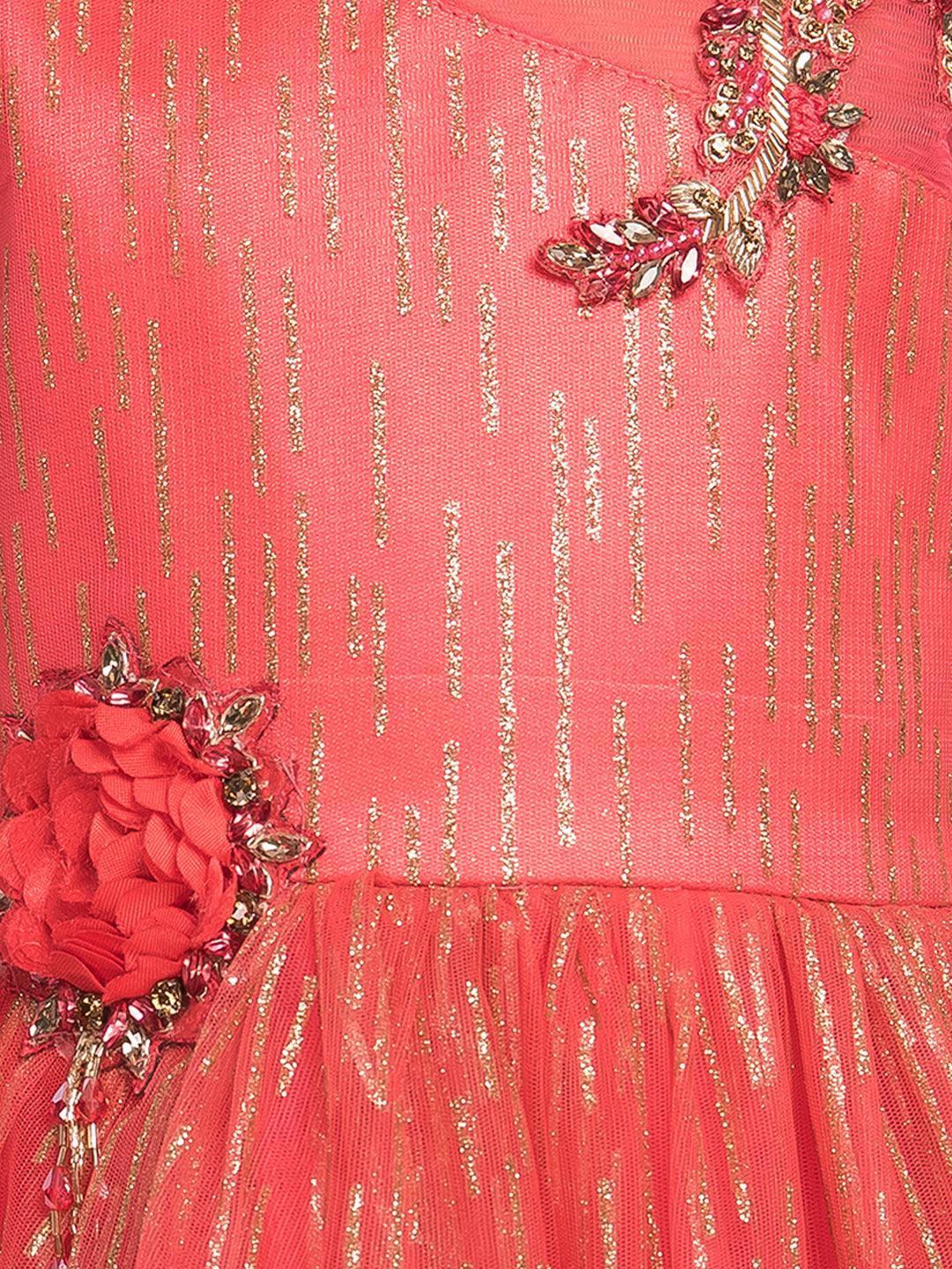 Tomato and Gold Toned Embellished Net Gown For Girls - Betty Ethnic India - Gown - Betty Girls Wear Online