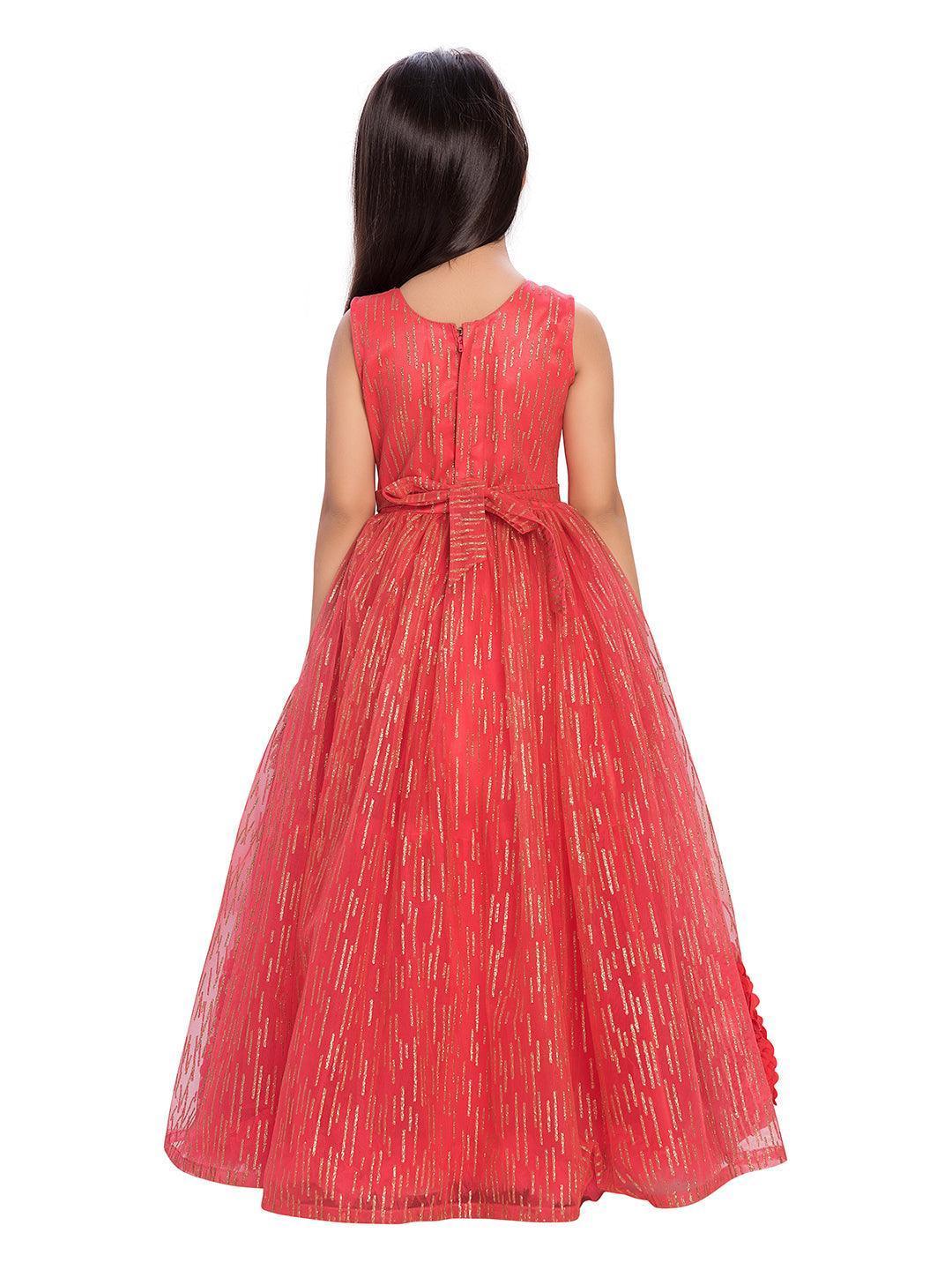 Tomato and Gold Toned Embellished Net Gown For Girls - Betty Ethnic India - Gown - Betty Girls Wear Online