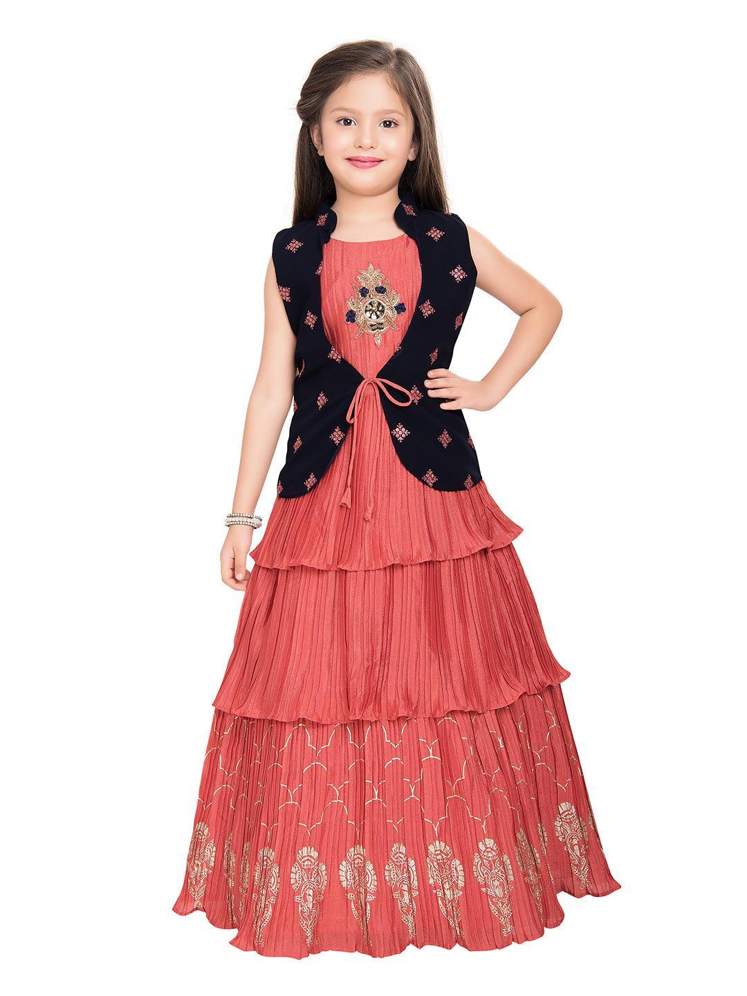 Tomato Gown And Navy Blue Coloured Jacket Floral Chinon Fit & Flare Gown For Girls - Betty Ethnic India - Gown - Betty Girls Wear Online
