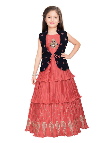 Tomato Gown And Navy Blue Coloured Jacket Floral Chinon Fit & Flare Gown For Girls - Betty Ethnic India - Gown - Betty Girls Wear Online