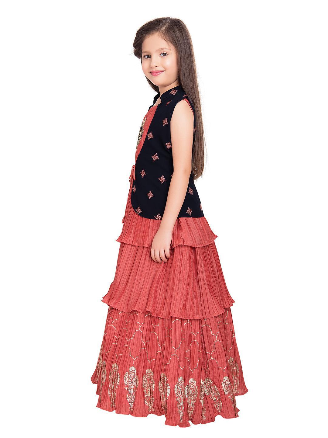 Tomato Gown And Navy Blue Coloured Jacket Floral Chinon Fit & Flare Gown For Girls - Betty Ethnic India - Gown - Betty Girls Wear Online