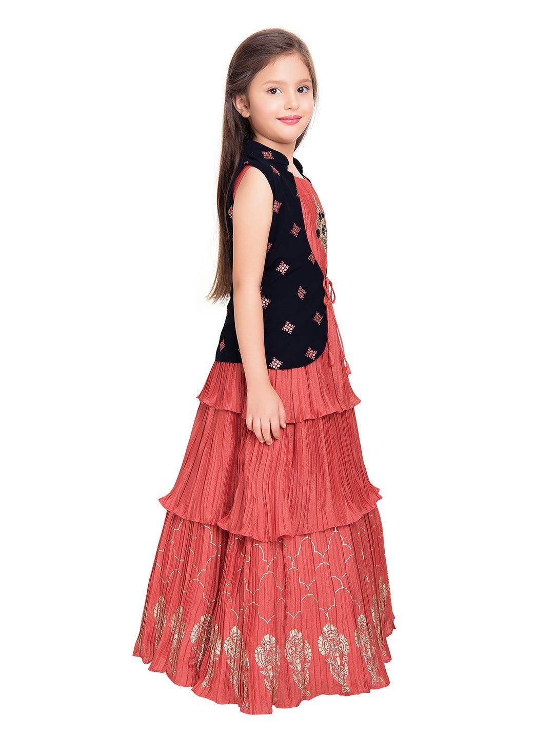 Tomato Gown And Navy Blue Coloured Jacket Floral Chinon Fit & Flare Gown For Girls - Betty Ethnic India - Gown - Betty Girls Wear Online