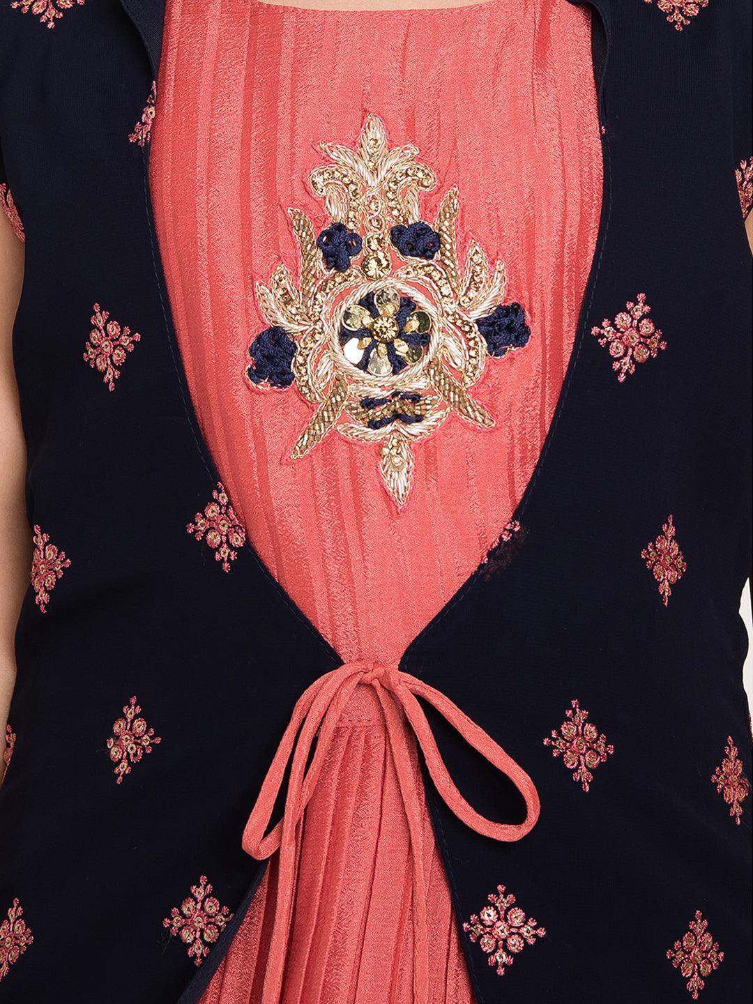 Tomato Gown And Navy Blue Coloured Jacket Floral Chinon Fit & Flare Gown For Girls - Betty Ethnic India - Gown - Betty Girls Wear Online