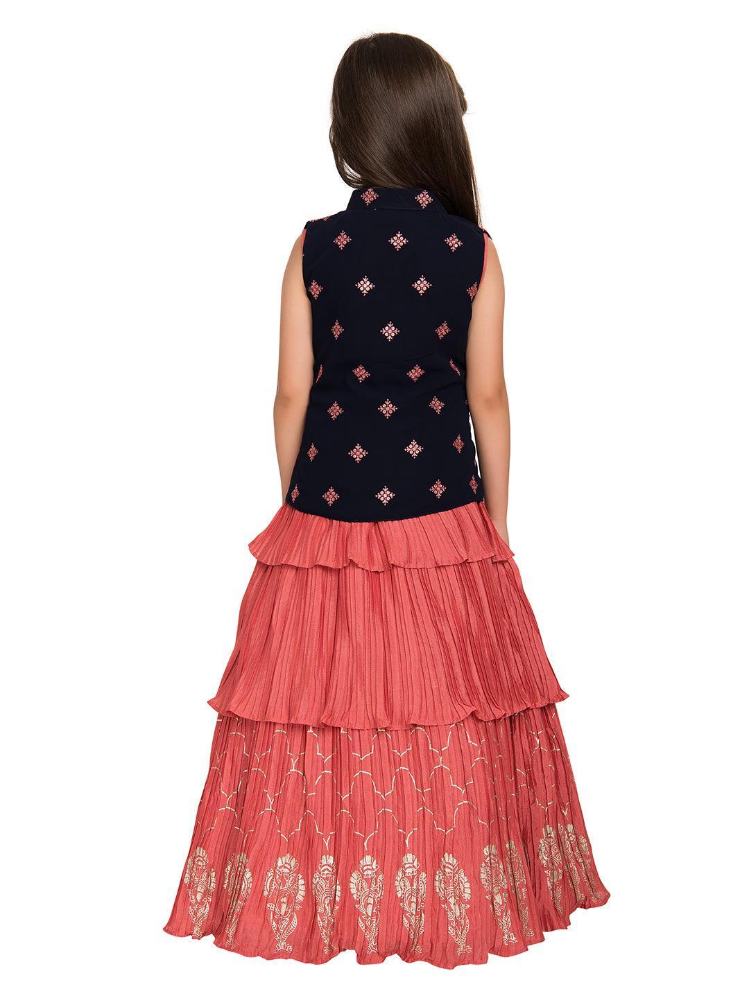 Tomato Gown And Navy Blue Coloured Jacket Floral Chinon Fit & Flare Gown For Girls - Betty Ethnic India - Gown - Betty Girls Wear Online